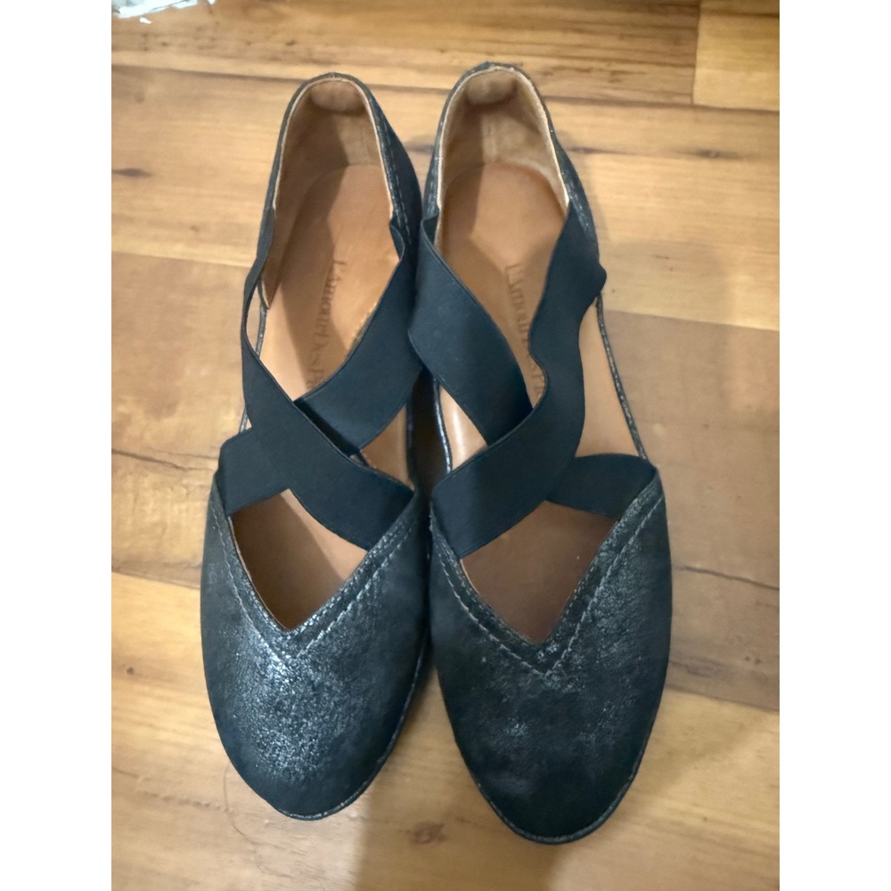 L'Amour Des Pieds Bane Black Metallic Leather Elastic Strap Wedge Shoes 8M